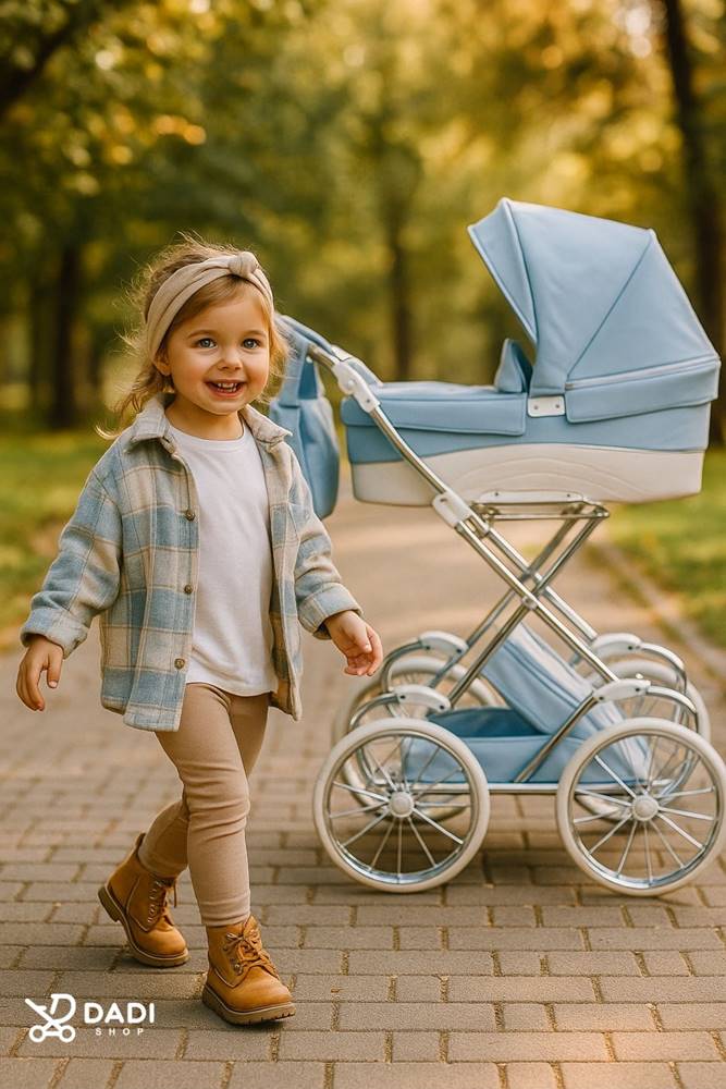 Retro doll pram Junama Lulla 02 in blue by Tako, with classic design and durable wheels – Polish quality toy stroller