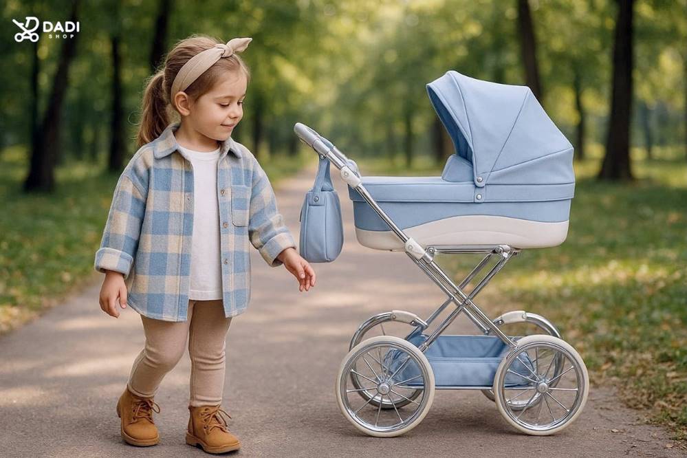 Toy stroller Tako Junama Lulla 02 baby blue, retro design with adjustable handle and large wheels – available at Dadi-Shop