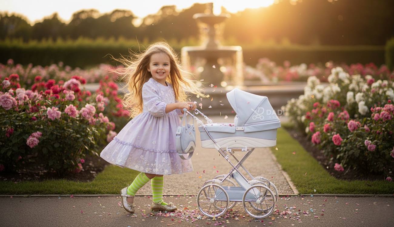 Dziewczynka 5 lat z niebieskim wózkiem dla lalek Junama Lulla, duże koła, prezentacja w wiosennym parku.