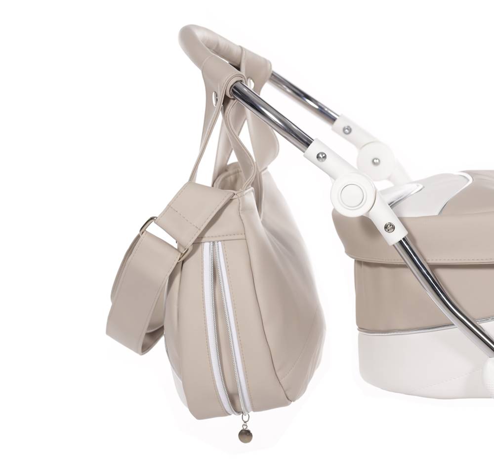 Detale wózka dla lalek Junama Lulla 03 Beige – regulowana rączka do 90 cm i torba, elegancki design retro