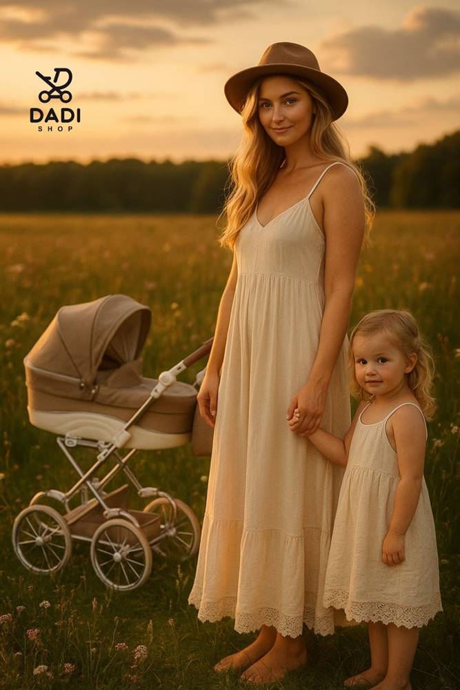 Duży wózek dla lalek Junama Lulla 03 beżowy w stylu retro – plenerowa sesja na wsi, elegancka gondola i duże koła. Mama z córką.