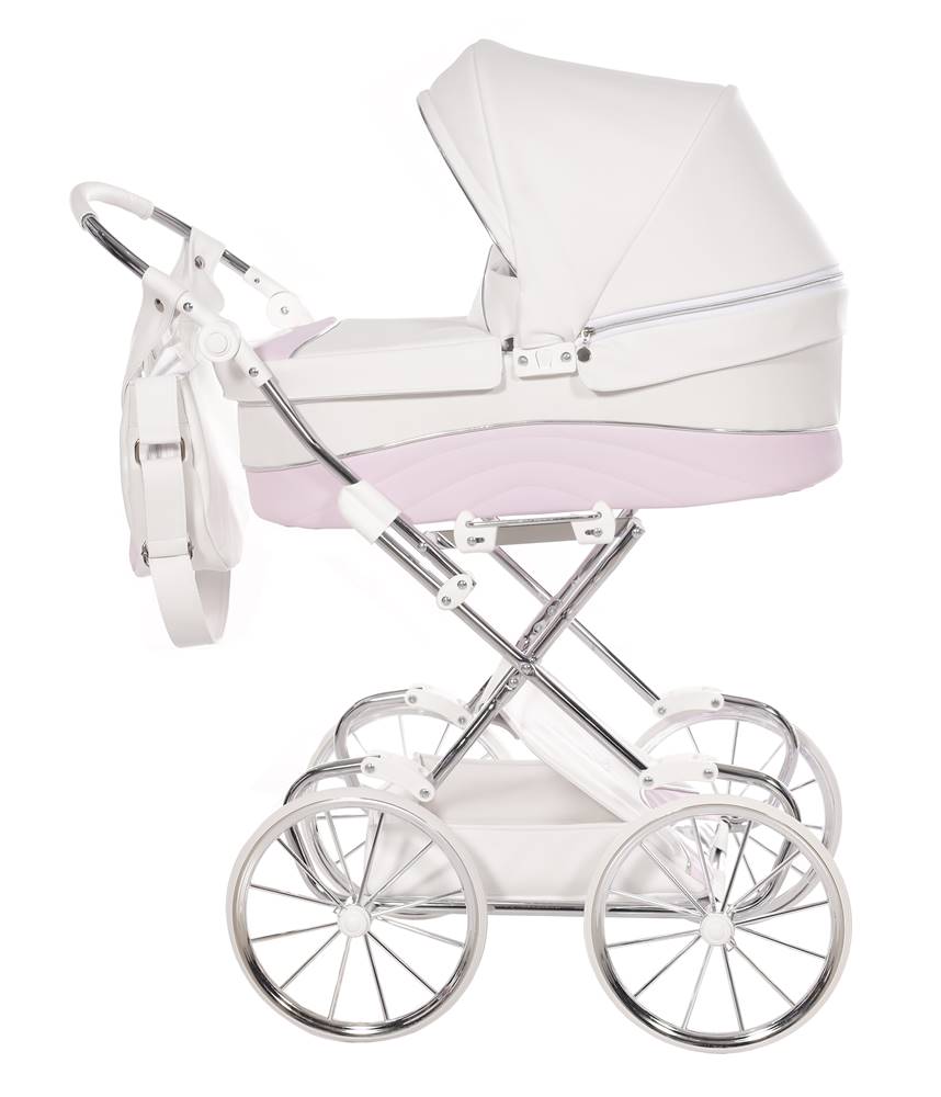 Junama Lulla Tako wózek dla lalek retro, kolor 01 biały z pudrowym różem, elegancki model z dużymi kołami, sklep Dadi-Shop.
