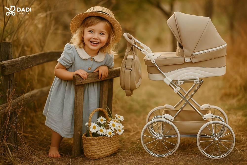 Wózek dla lalki Junama Lulla retro z dużymi kołami, idealny dla 5-latki – stylowy i solidny model dostępny w Dadi-Shop.