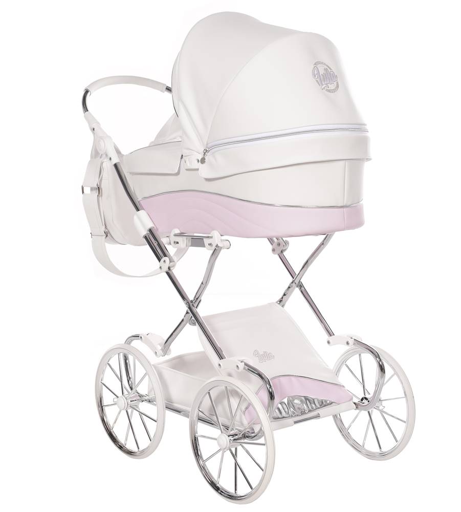 Wózek dla lalki Junama Lulla 04 White z dużą gondolą, koszem i solidnym stelażem – elegancki model retro dostępny w Dadi-Shop.