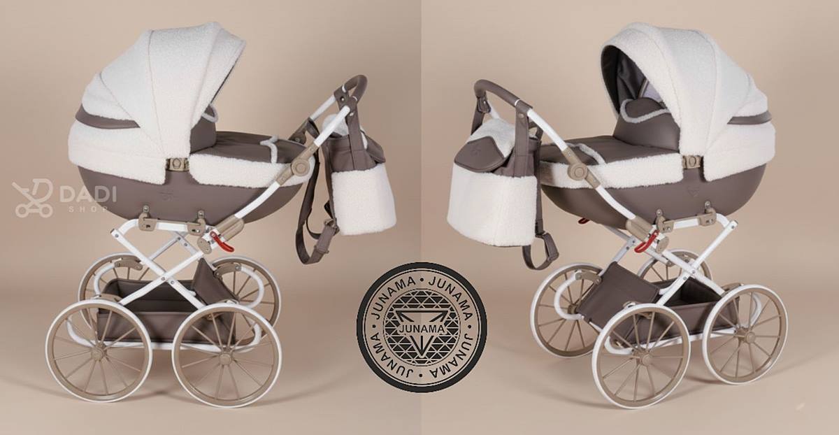 Junama Mocha Dream Mini beżowy – wózek dla lalek retro z tapicerką bouclé, elegancka sesja studyjna Dadi-Shop