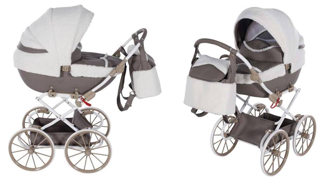 Głęboki wózek dla lalek Junama Mocha Dream Mini – widok bok/przód, tapicerka bouclé, retro koła.