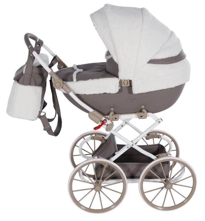 Wózek dla lalek Junama Mocha Dream Mini beżowy – tapicerka bouclé i koła retro, sesja premium Dadi-Shop