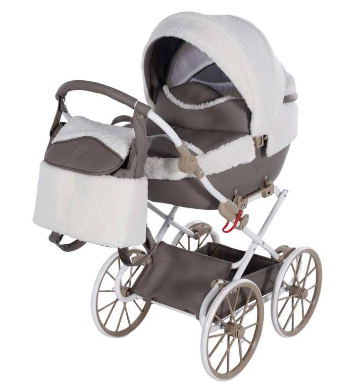 Junama Mocha Dream Mini Beżowy – elegancki wózek lalkowy z materiałem bouclé w stylu retro, ujęcie studyjne