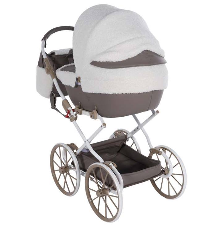 Tył wózka dla lalek  gondola Junama Mocha Dream Mini – kosz i duże koła retro, beżowy, Dadi-Shop