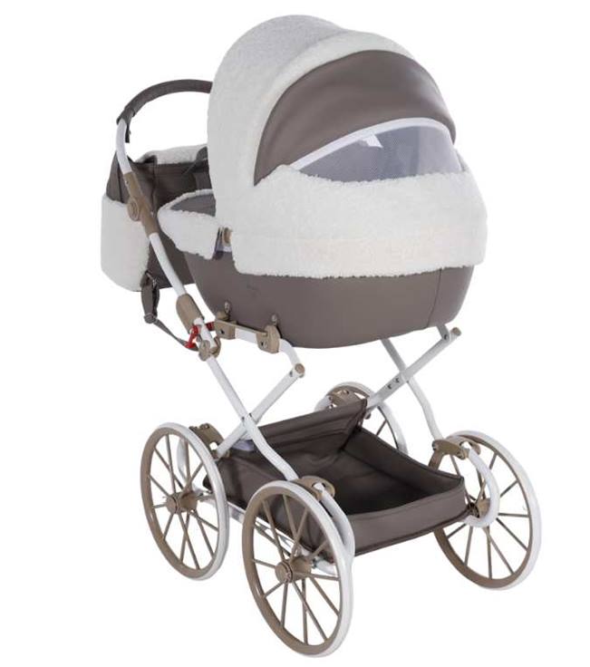 Tył wózka dla lalek Junama Mocha Dream Mini – beżowa gondola z wentylacją.