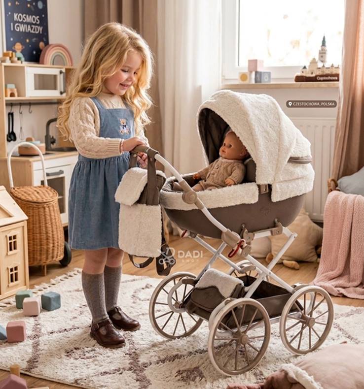 Dziewczynka bawiąca się wózek dla lalek Junama Mocha Dream Mini w stylu retro w przytulnym pokoju dziecięcym.