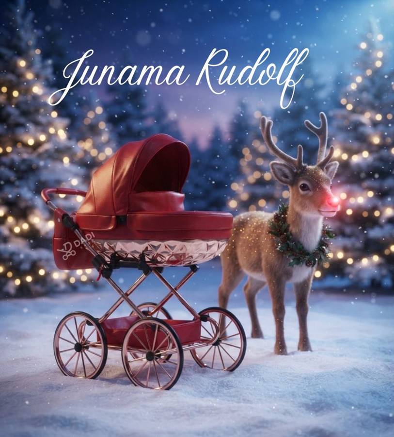 Czerwony, luksusowy wózek dla lalek Junama Rudolf, stojący na śniegu obok baśniowego renifera w zimowej scenerii z rozświetlonymi choinkami.
