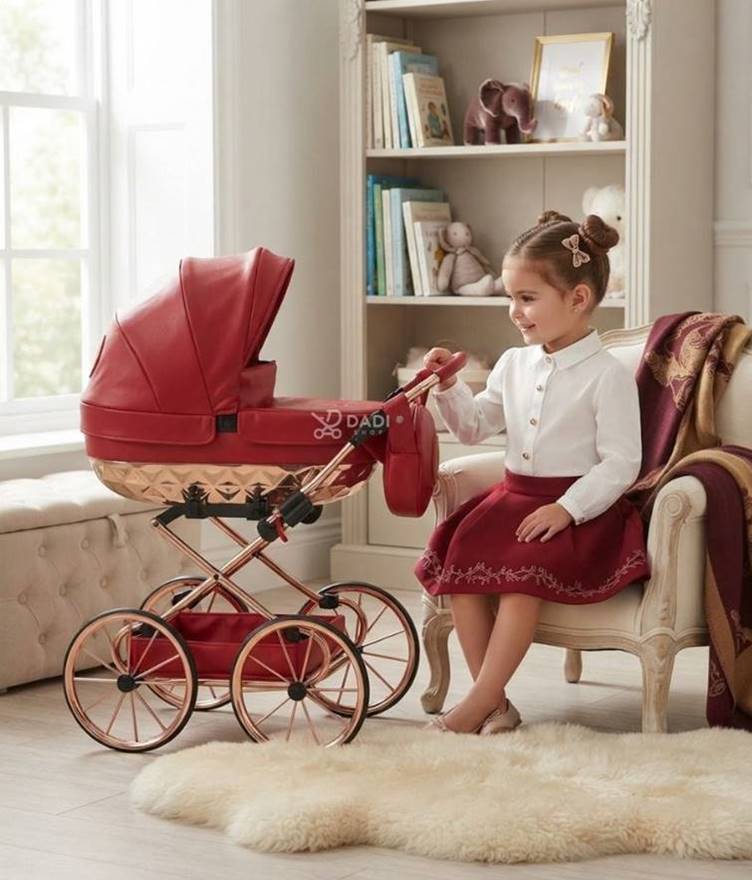 Dziewczynka siedzi w jasnym pokoju dziecięcym obok eleganckiego, czerwonego wózka lalkowego Junama Rudolf z detalami w kolorze różowego złota.