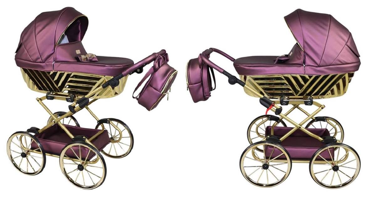 Sojan Royal 03 fioletowy wózek dla lalek – widok front i bok, duże retro koła, luksusowa gondola, Dadi-Shop