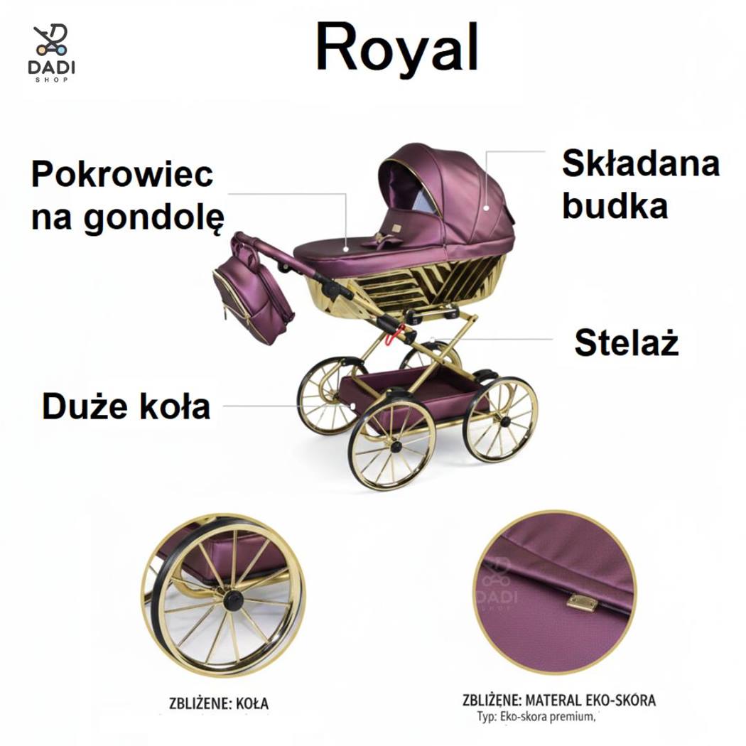 Wózek dla lalek Sojan Royal 03 – luksusowy fiolet z złotymi kołami, detale z eko-skóry, infografika prezentująca funkcje, Dadi-Shop