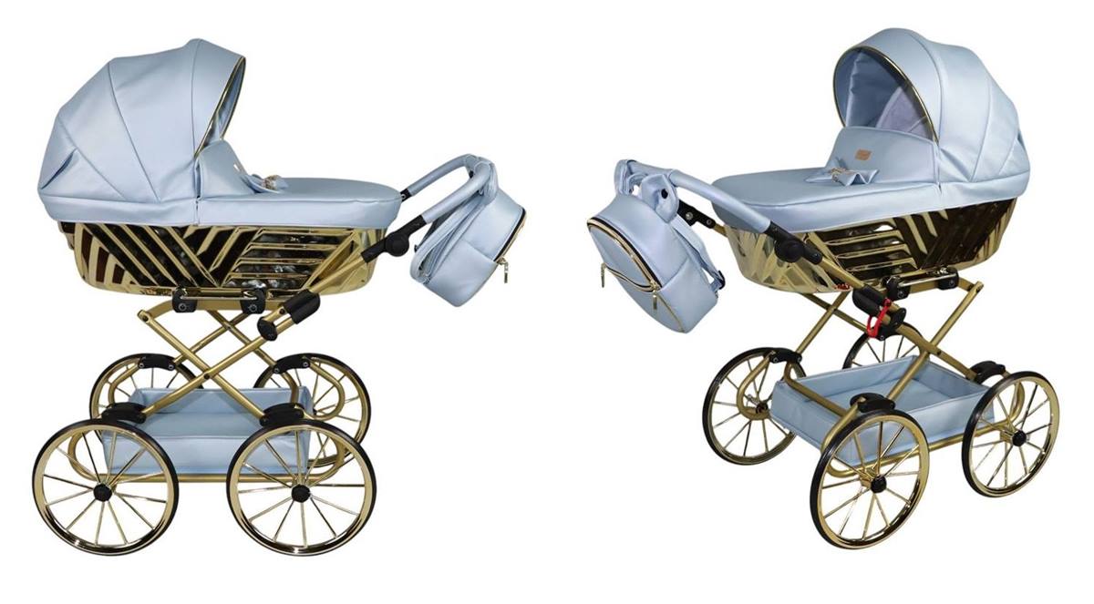 Błękitny wózek dla lalek Royal z dużymi kołami w stylu retro – widok z przodu i boku, elegancki i funkcjonalny.