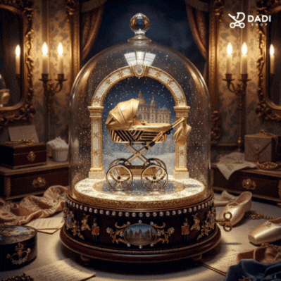 Royal 06 – złoty wózek dla lalek w wersji mini, luksusowa prezentacja produktu w ruchu, Dadi-Shop