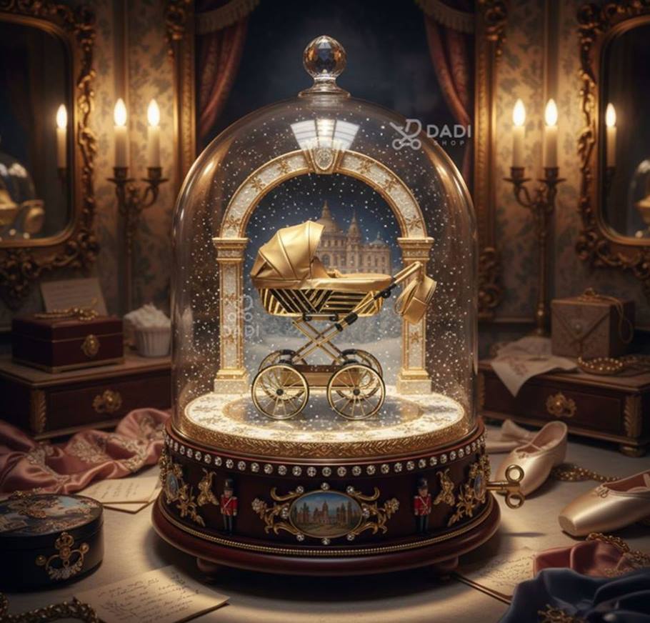 Sojan Royal 06 wózek dla lalek – luksusowy złoty model w śnieżnej kuli, vintage i zimowy klimat.