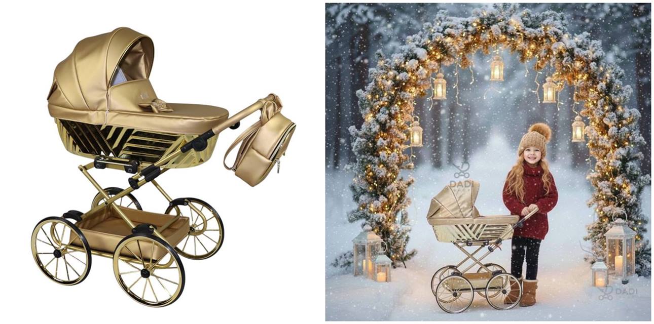 Sojan Royal 06 dolls pram gold – lifestyle outdoor scene with little girl playing, magical and elegant