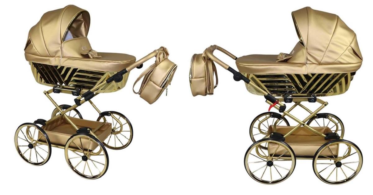 Wózek dla lalek – widok gondoli z przodu i z boku, elegancki. Sojan Royal 06 złoty.