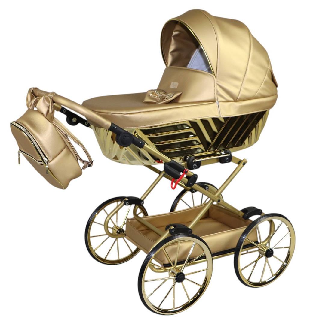 Sojan Royal 06 złoty wózek dla lalek – rozłożony na dużych kołach, gotowy do zabawy jak prawdziwy .