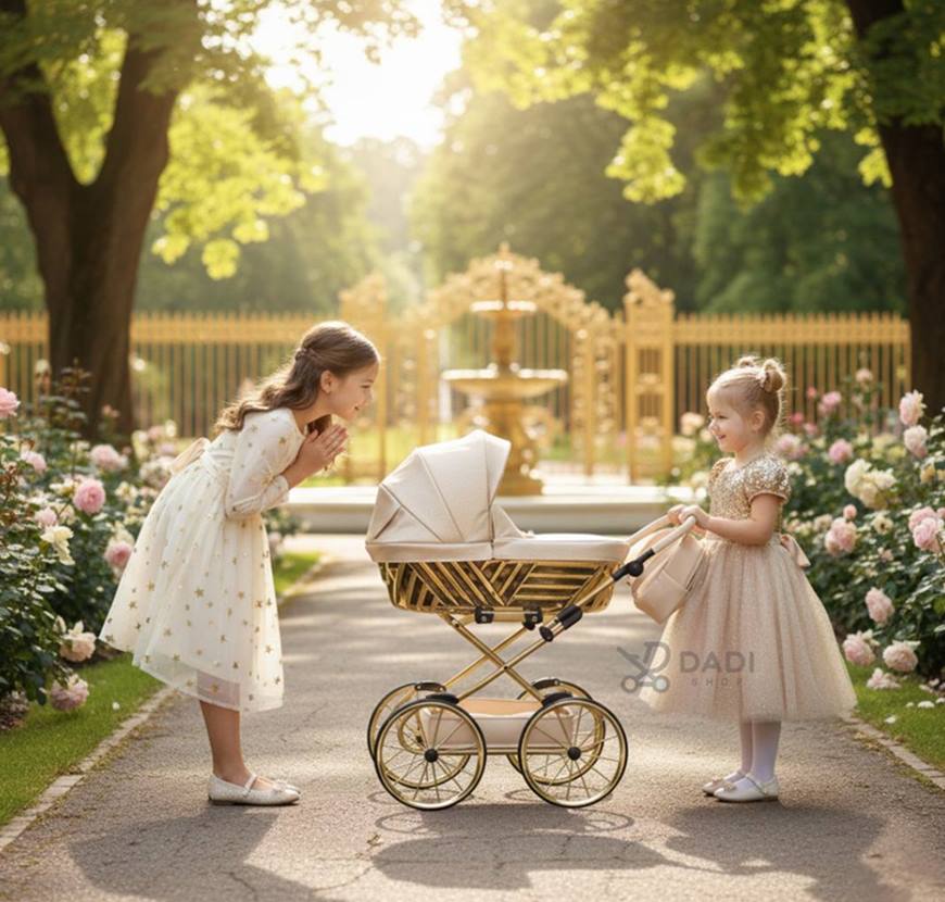Beige Sojan Royal 08 doll stroller outdoors, perfect for little girls to enjoy creative and playful moments.