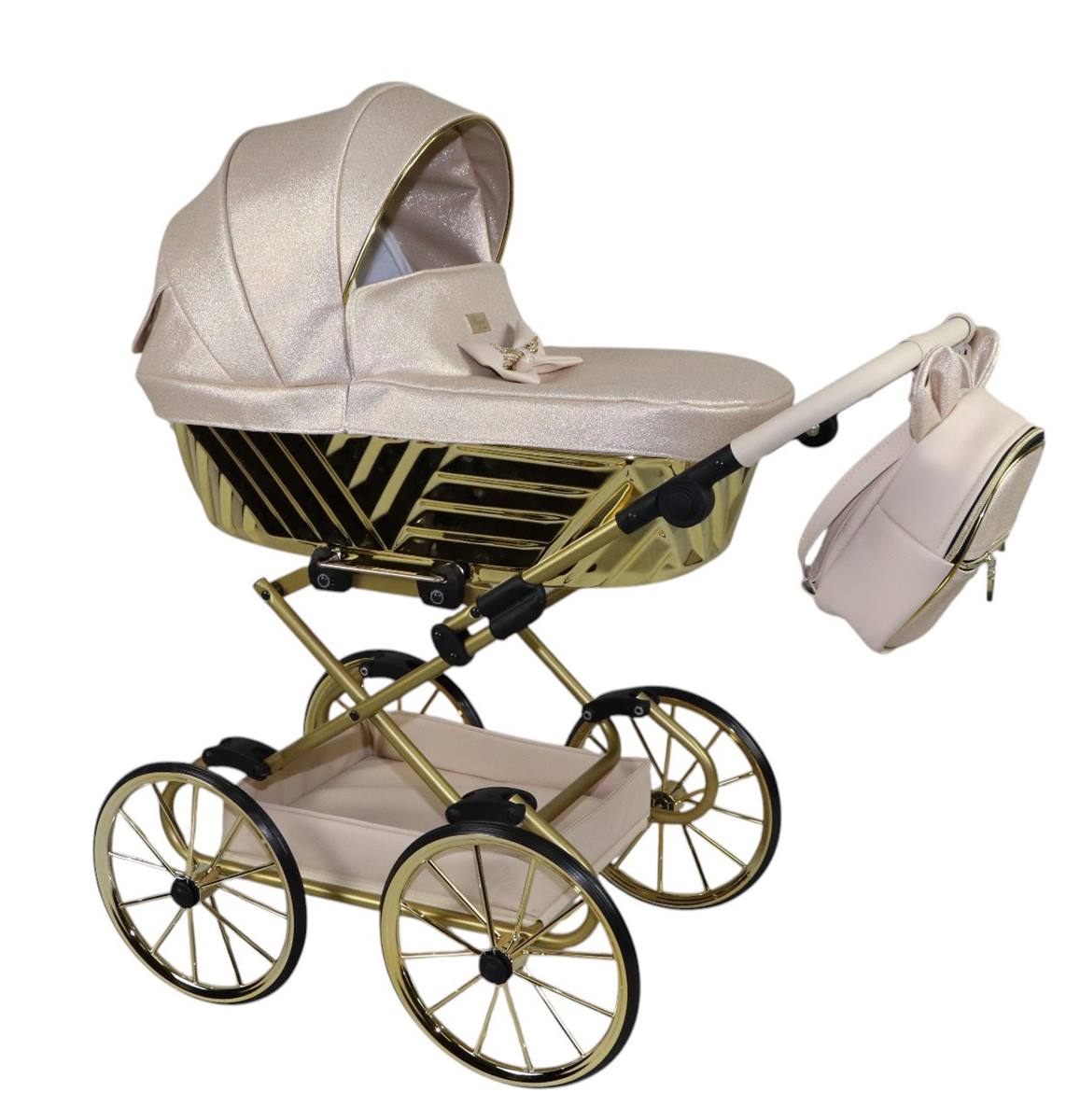Sojan Royal 08 w perłowym beżu ze złotymi akcentami, głęboka gondola – elegancki wózek dla lalek.