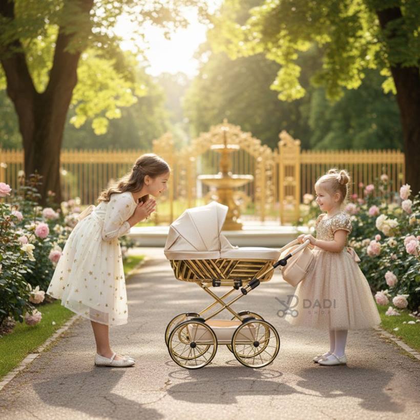 Elegancki wózek dla lalek Royal 08 w perłowym beżu, idealny prezent dla dziewczynki, uchwycony w delikatnej plenerowej scenerii.