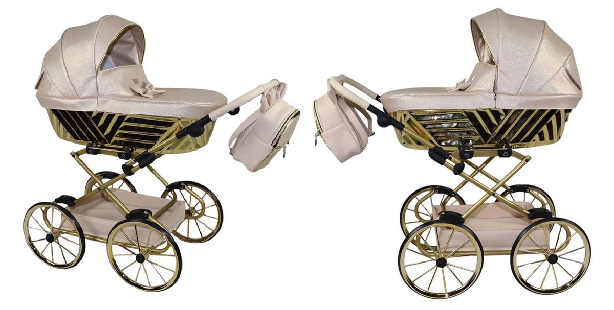 Realistyczny wózek dla lalek Sojan Royal 08 w beżowym kolorze, widok z boku i przodu, gotowy do zabawy.