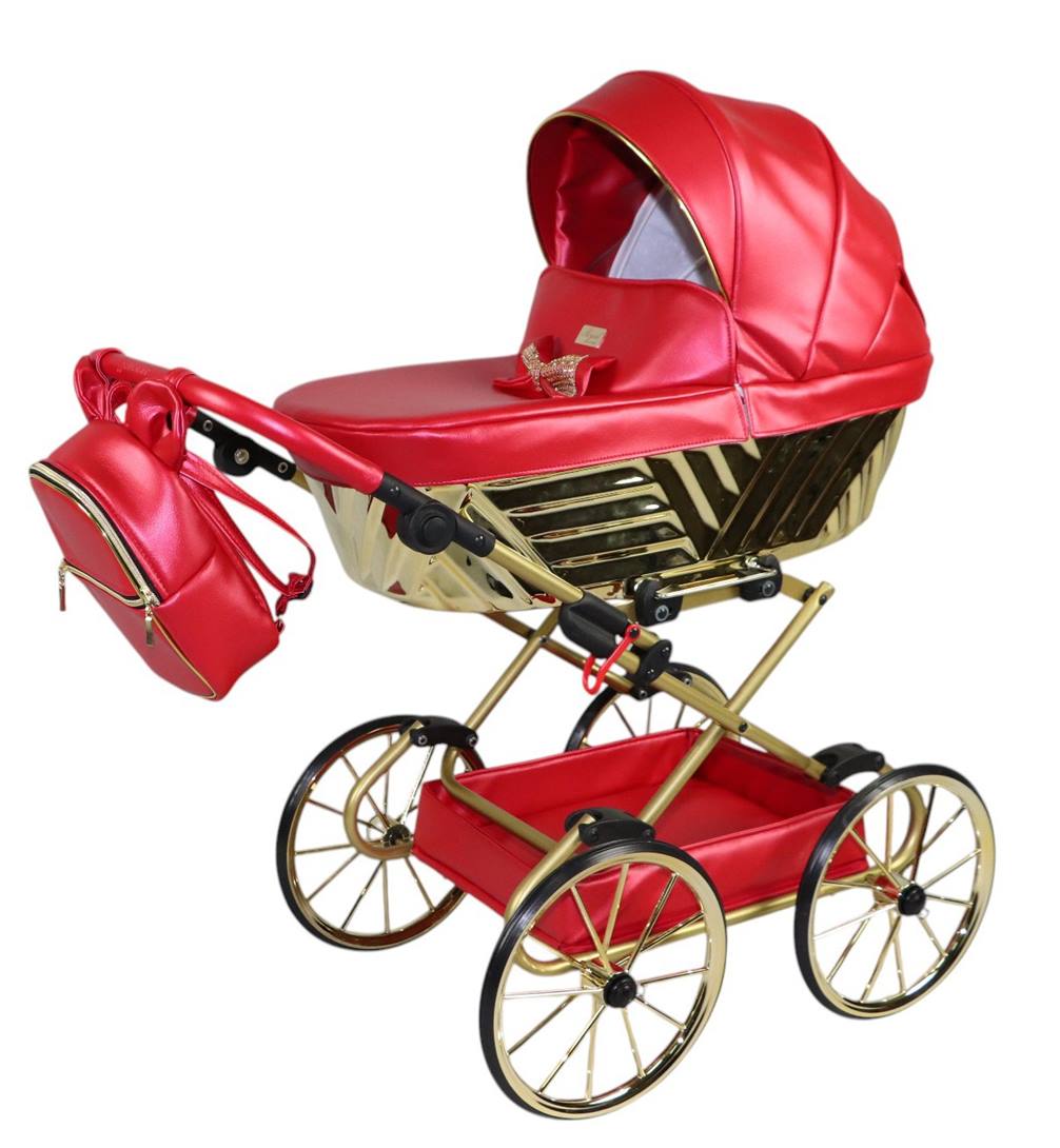 Sojan Royal – wózek dla lalek z głęboką gondolą, pełny widok z koszem i kołami, czerwono-złoty, Dadi-Shop