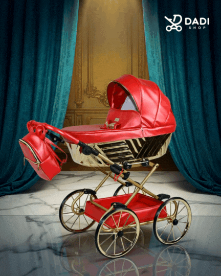 wózek dla lalek royal widok całego wózka zbliżenie czerwono złota kolorystyka