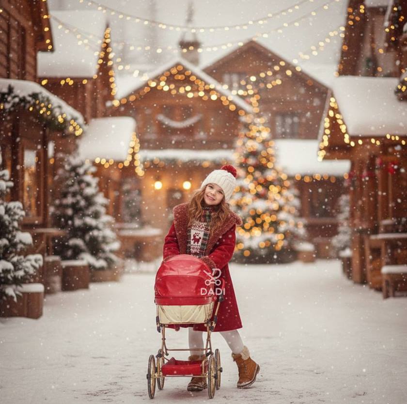 Dziewczynka prezentuje wózek do zabawy Sojan Royal czerwono-złoty w zimowej scenerii – Dadi-Shop