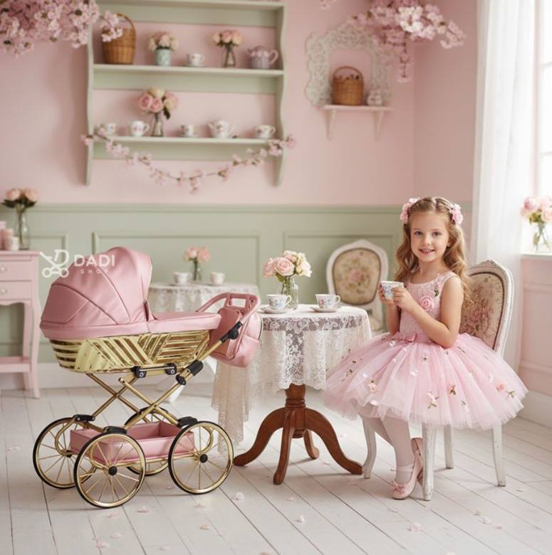 Różowy wózek dla lalek Sojan Royal 01 w pastelowym pokoju – dziewczynka w zabawie i odgrywaniu roli mamy.