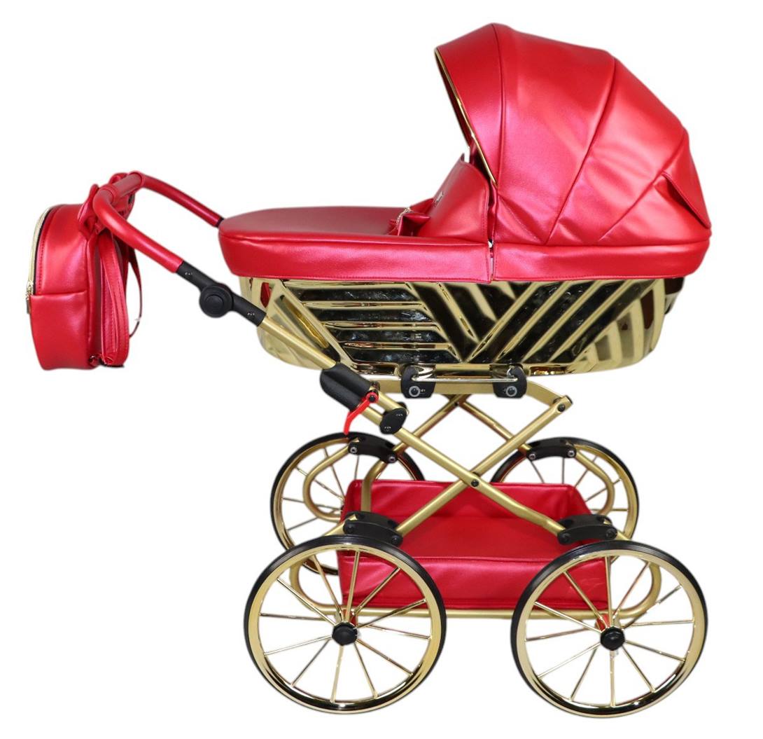 Sojan Royal – wózek dla lalek czerwono-złoty z retro kołami, elegancki i stylowy, Dadi-Shop