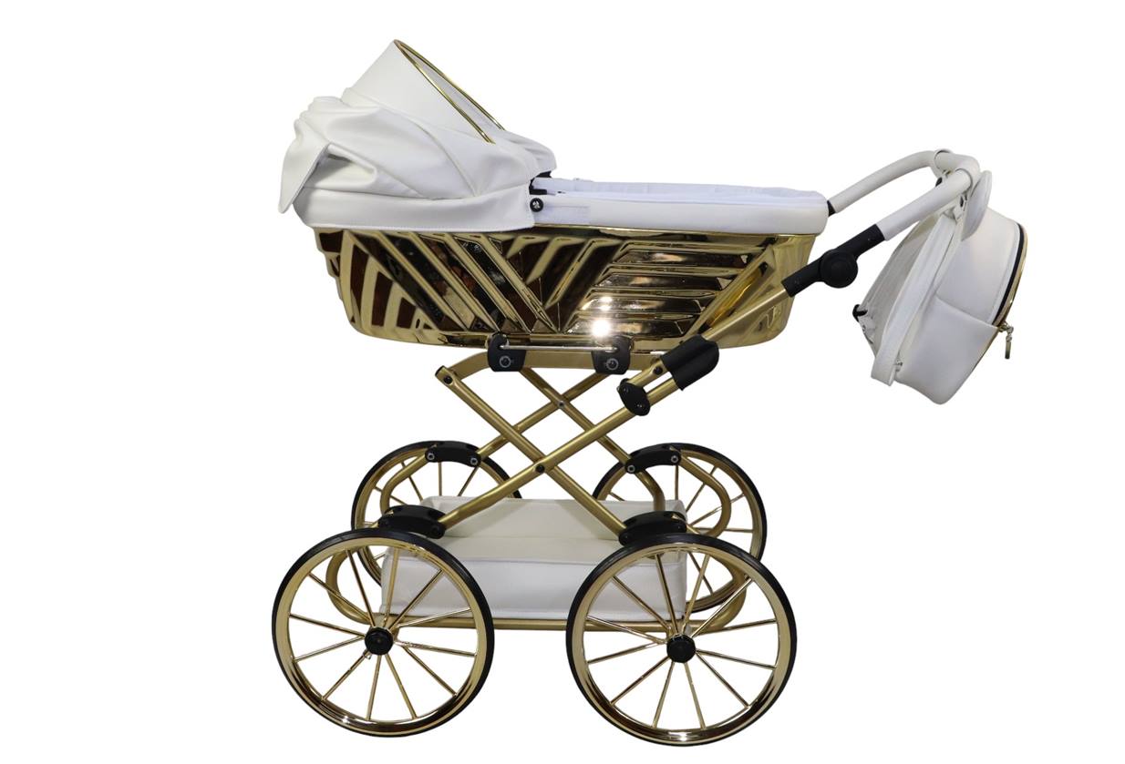 Sojan Royal – wózek dla lalek rozłożony na dużych kołach, solidny stelaż, czerwono-złoty, Dadi-Shop