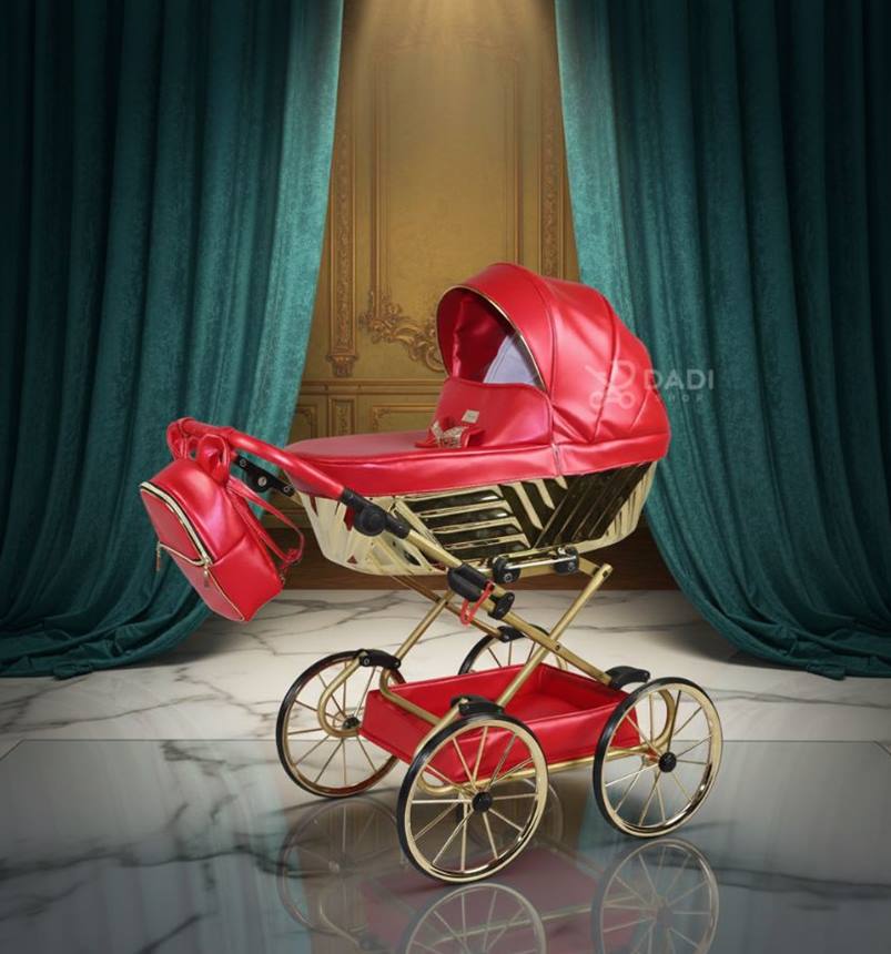wyjątkowy czerwono-złoty wózek dla lalek Sojan Royal z głęboką gondolą – prestiżowa sesja  Dadi-Shop