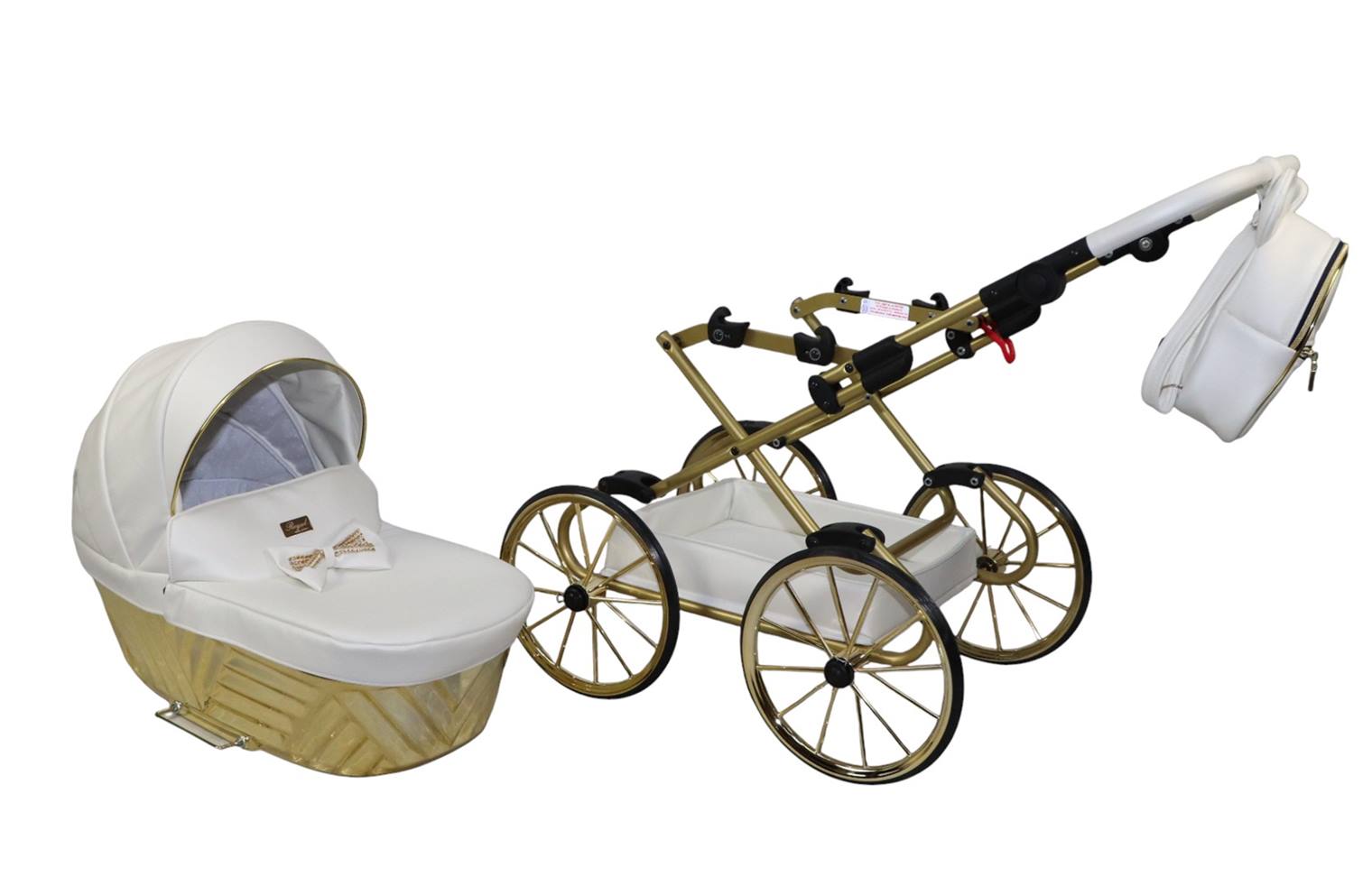 Sojan Royal – wózek dla lalek prezentacja przodem z wypinaną gondolą i solidnym stelażem, czerwono-złoty, Dadi-Shop