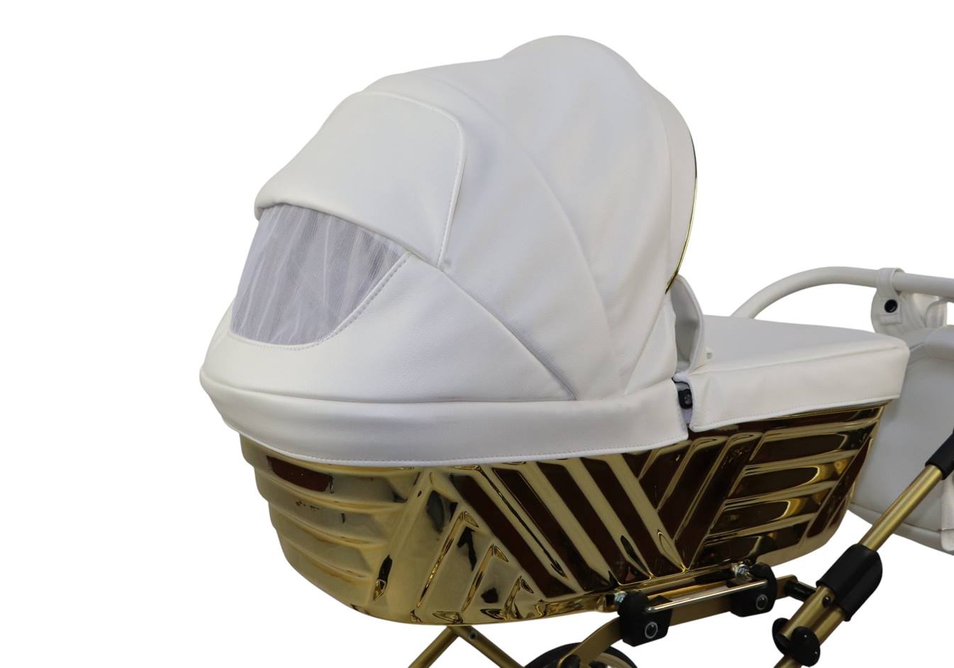 Sojan Royal – wózek dla lalek prezentacja tyłem z okienkiem wentylacyjnym, złoto biały, Dadi-Shop