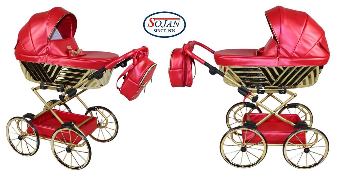 Sojan Royal – wózek dla lalek przód i profil, polski producent, czerwono-złoty, Dadi-Shop